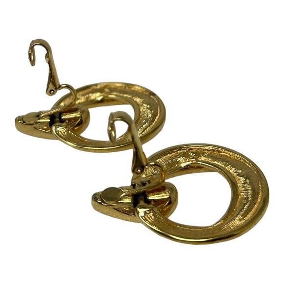 Swarovski Swan Logo Crystal & Gold Tone Dangle Hoop Clip Earrings Minimalist - Picture 3 of 16